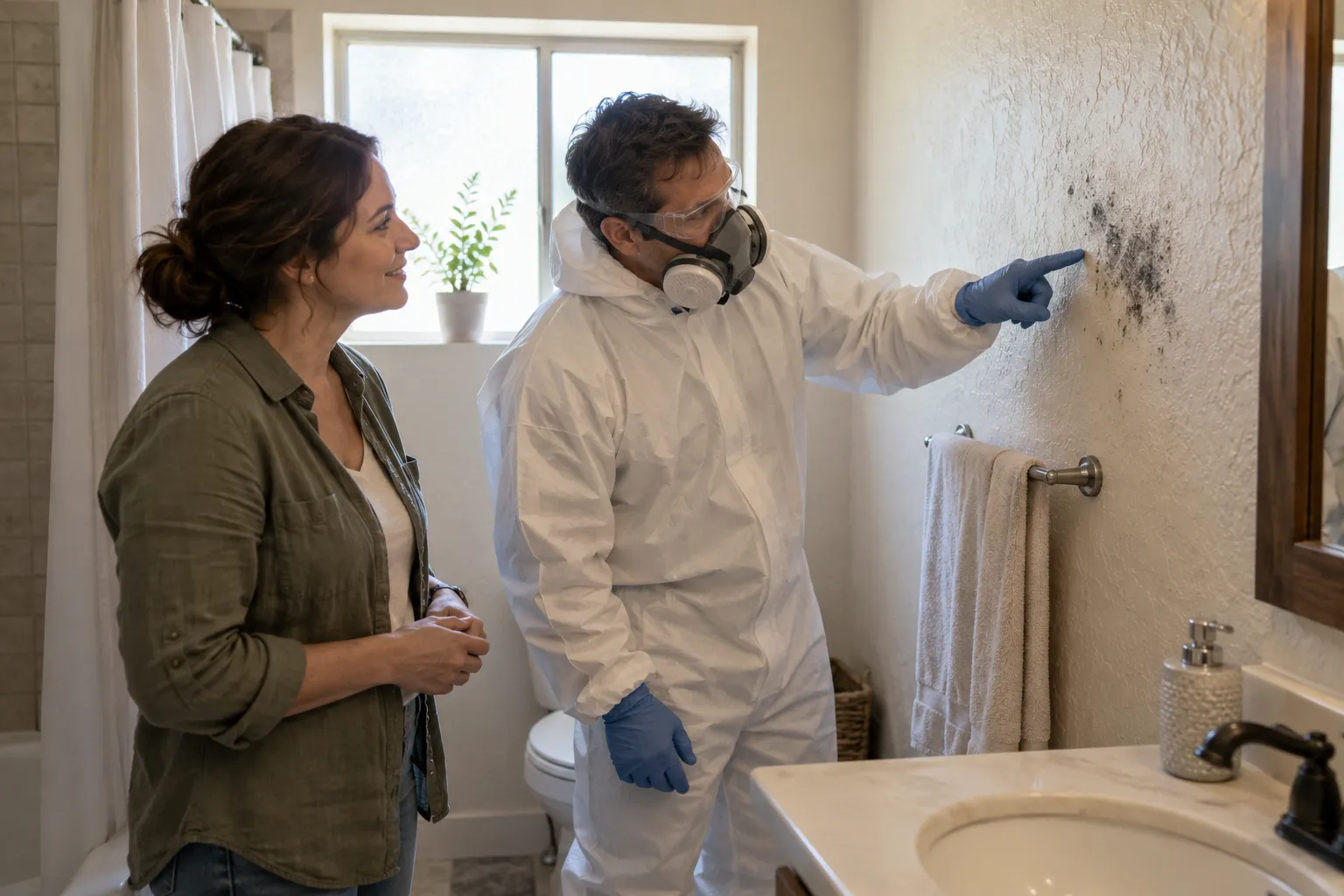 A friendly provider showing a Oakland homeowner a bathroom wall during a mold check