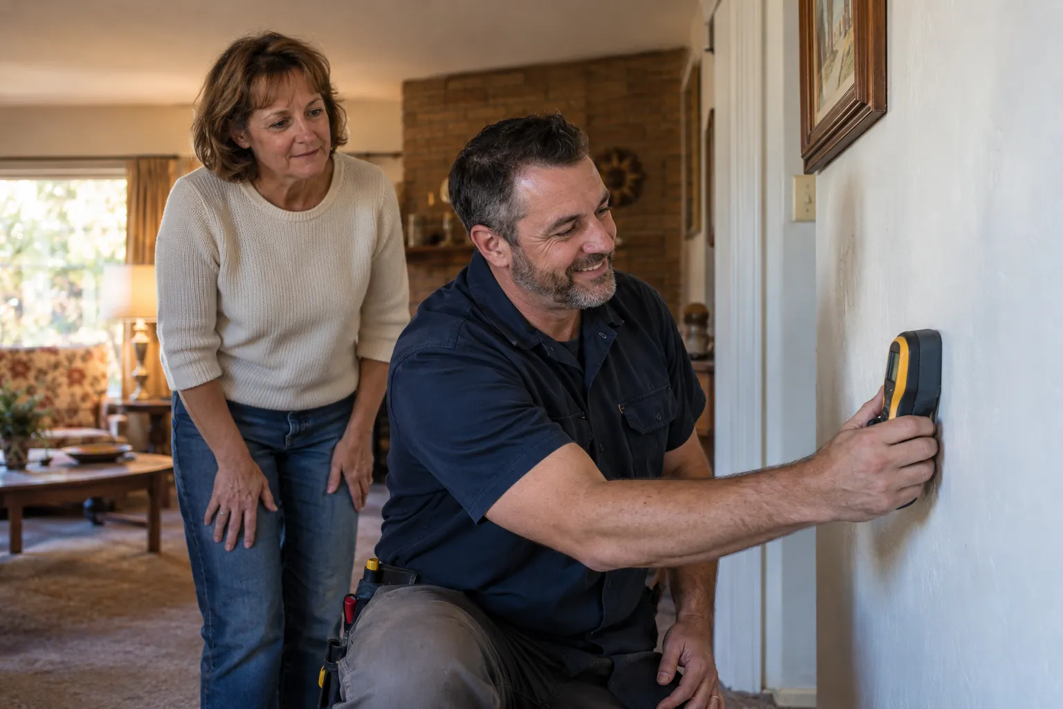 A provider checking a wall for moisture in a Oakland home