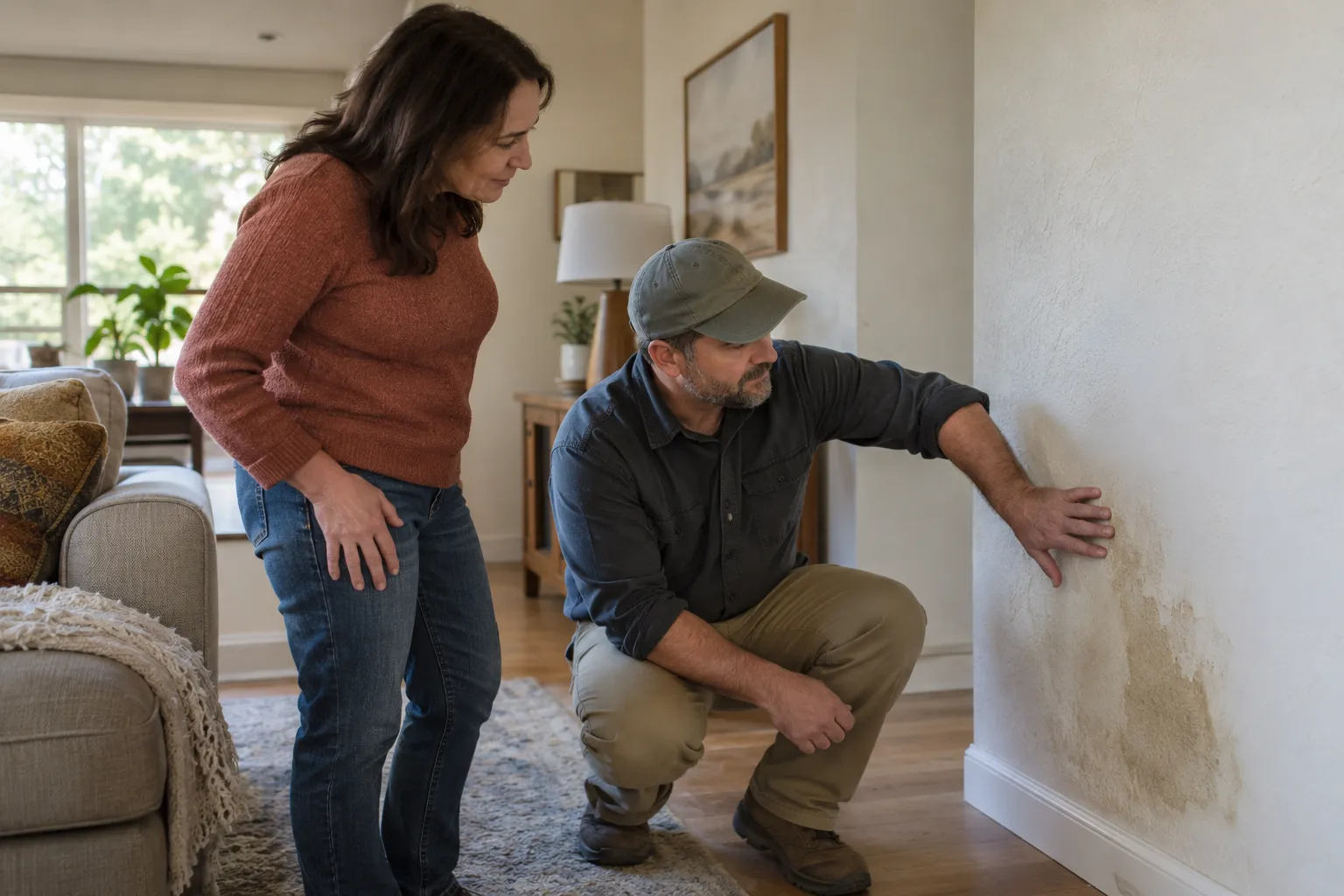 A homeowner and a mold provider talking in a bright living room in Oakland